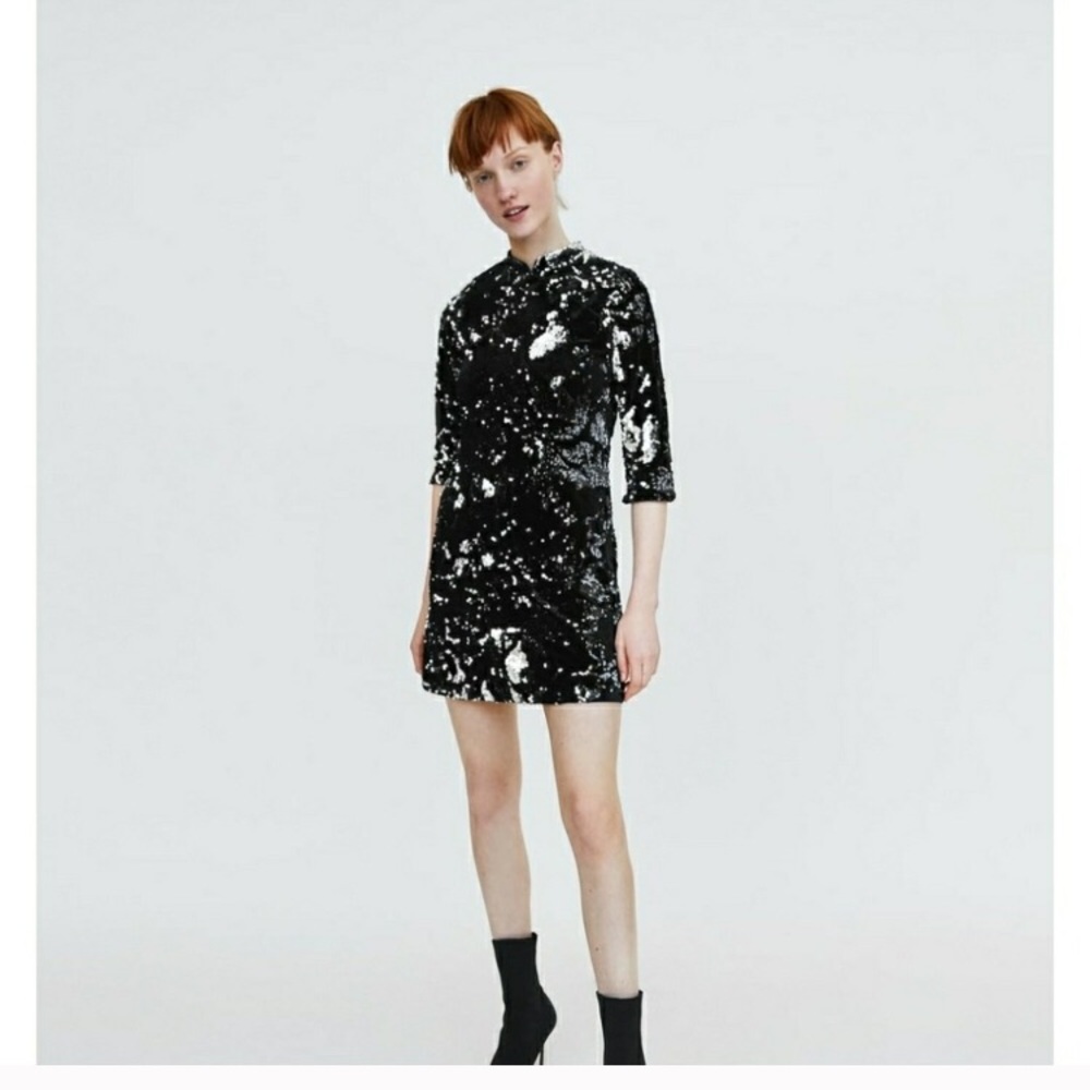 Sparkly New Zara Black Silver Velvet Sequin Dress